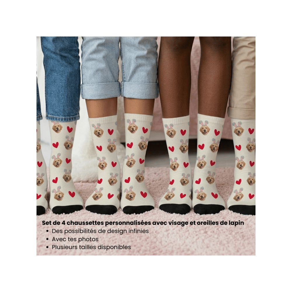 Coffret cadeau chaussettes de Pâques lot de 4 avec visage et oreilles de lapin