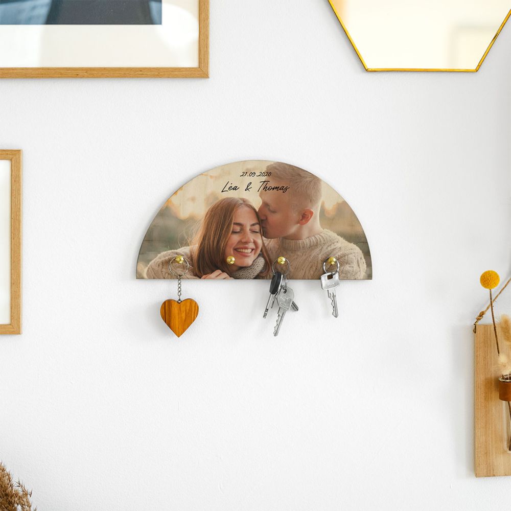 Porte-clés mural personnalisé en bois avec photo et texte
